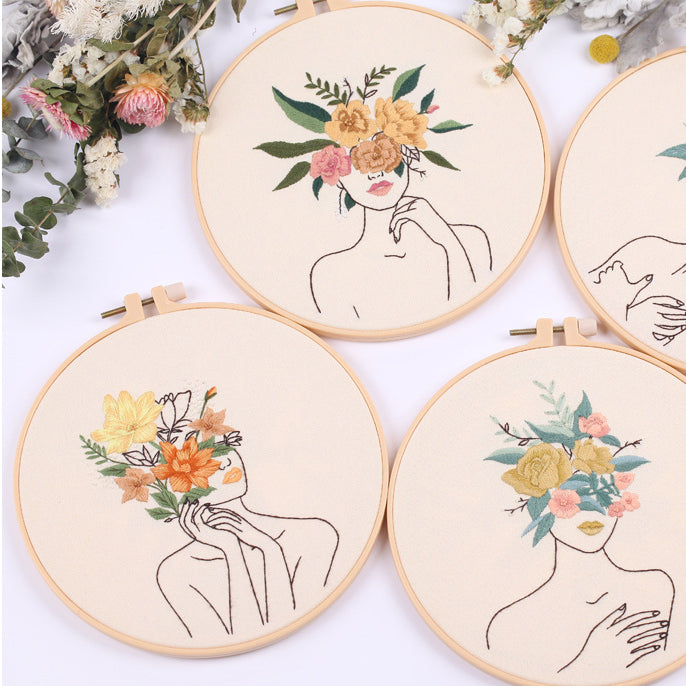 Women Floral Pattern - Beginner Embroidery Kit Needle Modern Art w/Hoop Thread