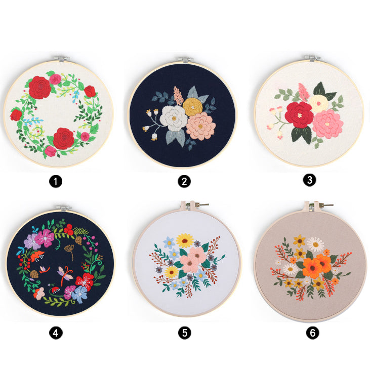 Embroidery Kit For Starter Pattern Flowers DIY Craft Full Kit w/ Needle Hoop