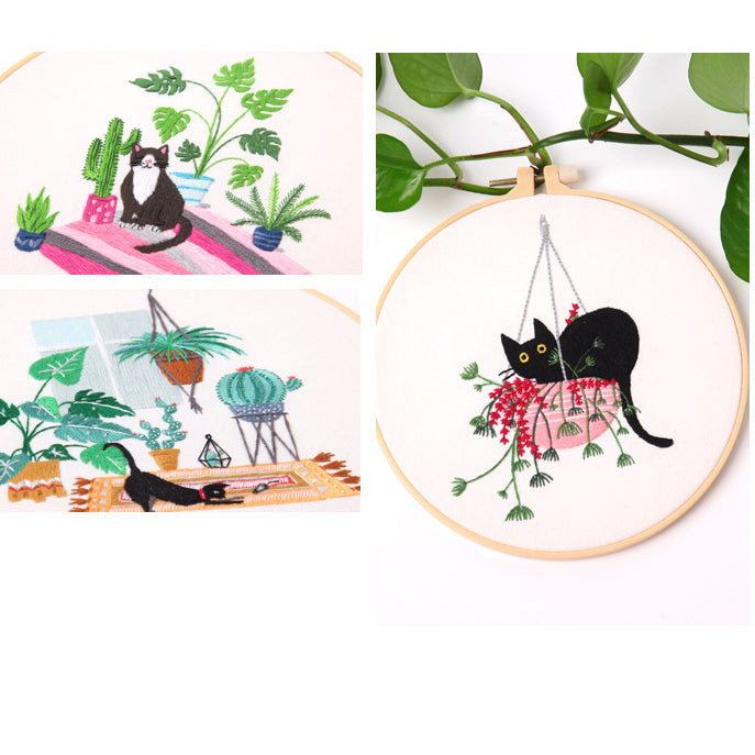 Cat - Embroidery Kit For Beginner DIY Craft Pattern Full Kit w/ Needle Hoop