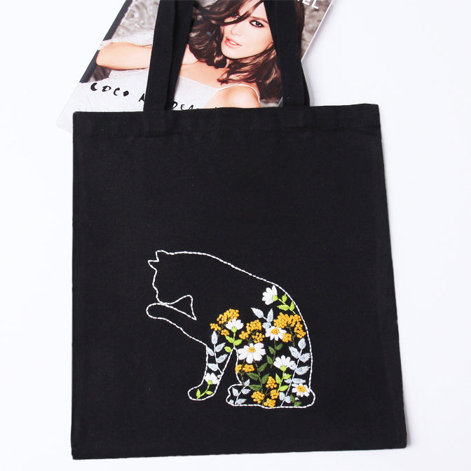 Embroidery Totebag DIY Craft Kit Eco Friendly Shopping Tote Flower Cat Pattern