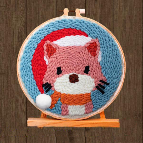 Christmas Fox - Beginner Punch Needle Kit Starter Embroidery Pack Crafter’s Gift w/ Yarn Adjustable Needle Hoop