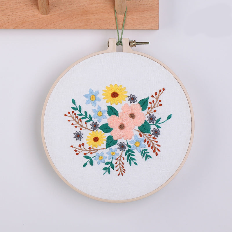 Embroidery Kit For Starter Pattern Flowers DIY Craft Full Kit w/ Needle Hoop