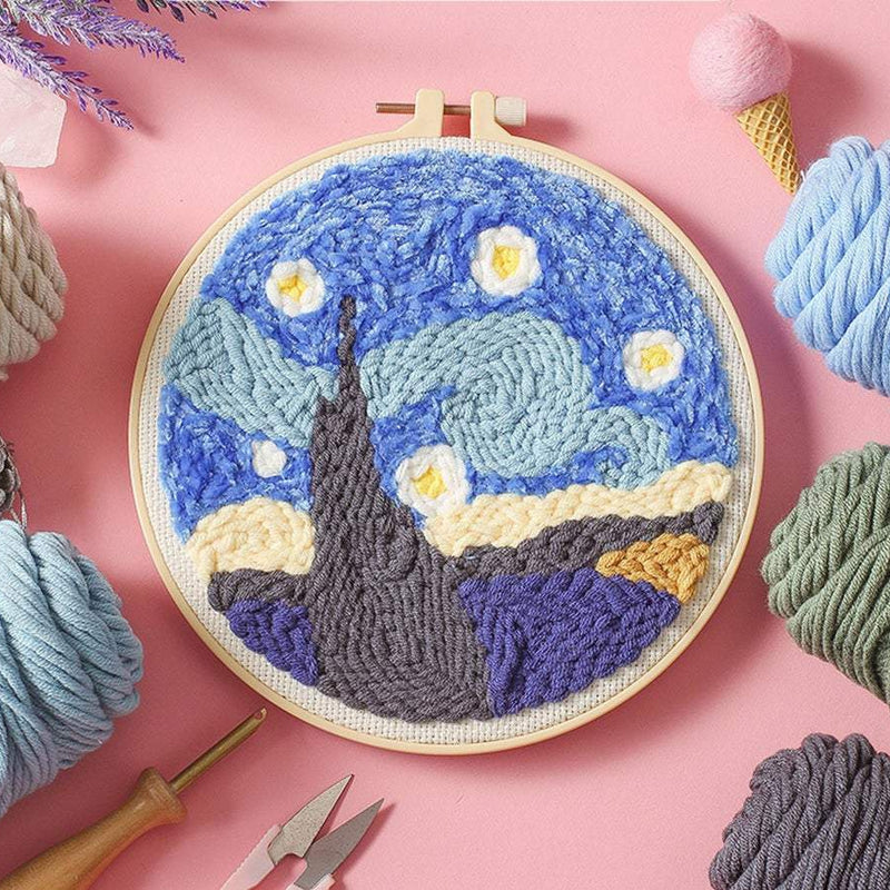Van Gogh Starry Sky - Beginner Punch Needle Kit Starter Embroidery Pack Crafter’s Gift w/Yarn Adjustable Needle Hoop