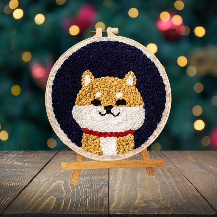 Shiba Inu - Beginner Punch Needle Kit Starter Embroidery Pack Crafter’s Gift w/Yarn Adjustable Needle Hoop