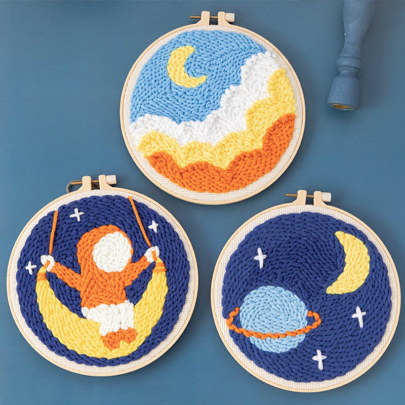 Moon - Beginner Punch Needle Kit Starter Embroidery Pack Crafter’s Gift w/ Yarn Adjustable Needle Hoop