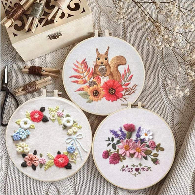 Embroidery Kit For Beginner DIY Craft Pattern Flowers Squirrel Full Kit w/ Needle Hoop