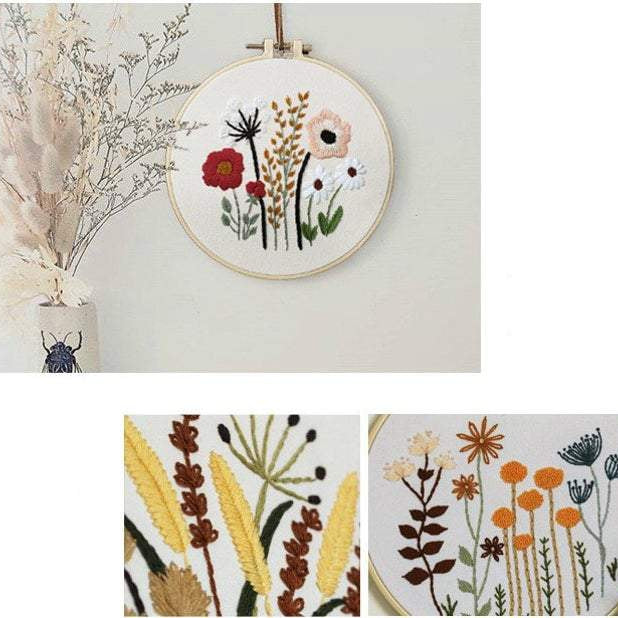 Embroidery Kit For Beginner DIY Craft Pattern Flowers Full Kit w/ Needle Hoop