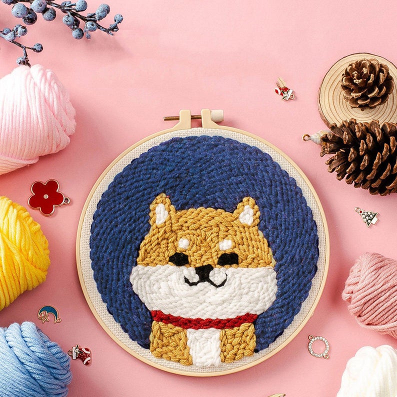 Shiba Inu - Beginner Punch Needle Kit Starter Embroidery Pack Crafter’s Gift w/Yarn Adjustable Needle Hoop