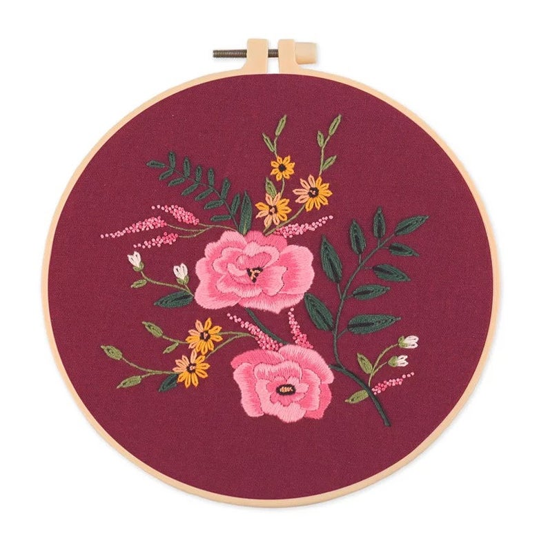 Embroidery Kit For Beginner Pattern Flowers DIY Craft Full Kit w/ Needle Hoop