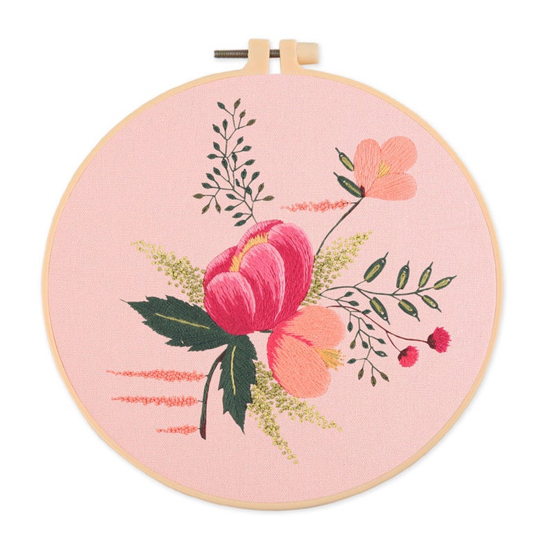 Embroidery Kit For Beginner Pattern Flowers DIY Craft Full Kit w/ Needle Hoop