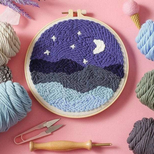 White Moon - Beginner Punch Needle Kit Starter Embroidery Pack Crafter’s Gift w/Yarn Adjustable Needle Hoop